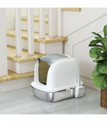 PawHut Stainless Steel Cat Litter Tray with Lid