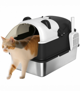 PawHut XL Stainless Steel Litter Box Tray with Lid, Panda Style