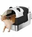 PawHut XL Stainless Steel Litter Box Tray with Lid, Panda Style