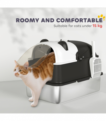 PawHut XL Stainless Steel Litter Box Tray with Lid, Panda Style