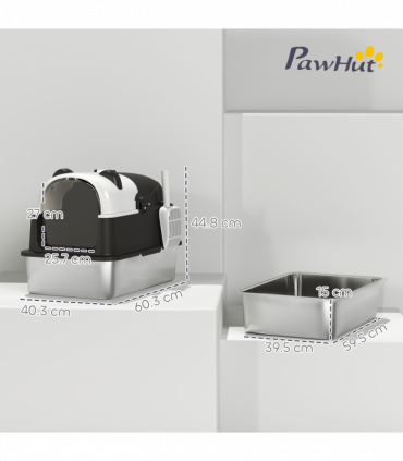 PawHut XL Stainless Steel Litter Box Tray with Lid, Panda Style