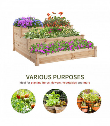 Wooden Raised Bed 3-Tier Planter Kit Elevated Plant Box 124x124x56cm
