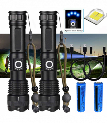 2 Pack USB Rechargeable LED Flashlight 5-Mode Outdoor Camping Hiking Flashlight WorkLight