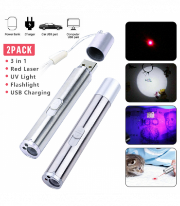 2PCS 3 in1 1mw USB Rechargeable Pet Toy Pen Flashlight Red laser Beam UV Light 3-Modes Lamp