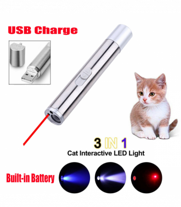 2PCS 3 in1 1mw USB Rechargeable Pet Toy Pen Flashlight Red laser Beam UV Light 3-Modes Lamp