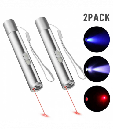 2PCS 3 in1 1mw USB Rechargeable Pet Toy Pen Flashlight Red laser Beam UV Light 3-Modes Lamp