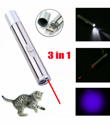 2PCS 3 in1 1mw USB Rechargeable Pet Toy Pen Flashlight Red laser Beam UV Light 3-Modes Lamp