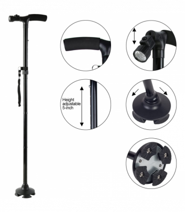 5-Levels Adjustable Height Walking Stick Portable Foldable Cane Travel Camping Hiking Walking Cane w/LED Light