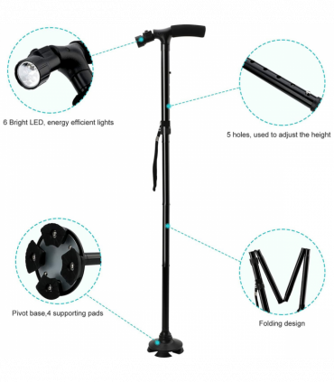 5-Levels Adjustable Height Walking Stick Portable Foldable Cane Travel Camping Hiking Walking Cane w/LED Light
