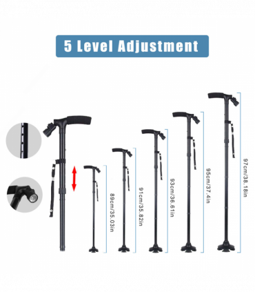 5-Levels Adjustable Height Walking Stick Portable Foldable Cane Travel Camping Hiking Walking Cane w/LED Light