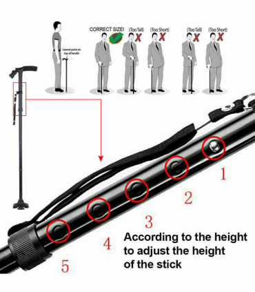 5-Levels Adjustable Height Walking Stick Portable Foldable Cane Travel Camping Hiking Walking Cane w/LED Light