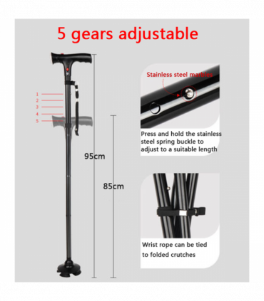 Camping Hiking Walking Stick 5-Level Height Adjustable Folding Walking Cane with LED Light And Alarm