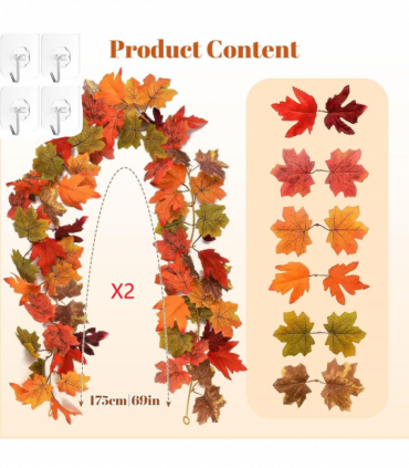 Halloween Christmas 6FT Autumn Fall Maple Leaves Wreath Garland Hanging Plant