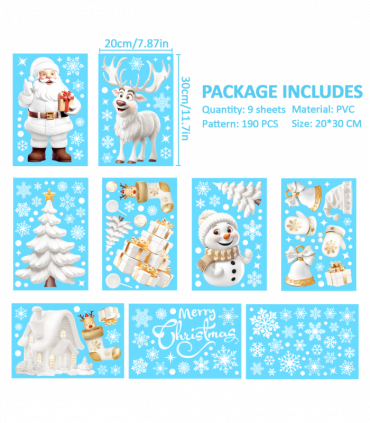 Nepfaivy Christmas Window Stickers Reusable 190Pcs - Double Sided Xmas Window Stickers Christmas Scene, White Christmas Snowflake Reindeer Stickers, Static Window Clings for Christmas Decorations