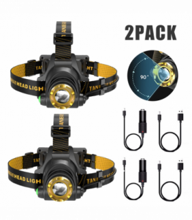 (2 Pack) USB Rechargeable LED Headlamp 3 Modes Head Torch Zoomable Headlight+Car Charger+USB Cable