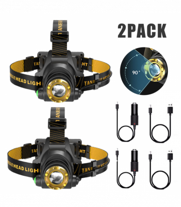 (2 Pack) USB Rechargeable LED Headlamp 3 Modes Head Torch Zoomable Headlight+Car Charger+USB Cable