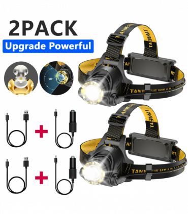 (2 Pack) USB Rechargeable LED Headlamp 3 Modes Head Torch Zoomable Headlight+Car Charger+USB Cable