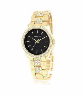 Henley Ladies Fashion Bling Black Dial & Gold Bracelet Watch H07342