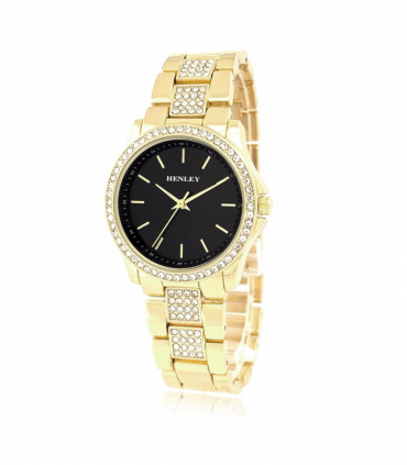 Henley Ladies Fashion Bling Black Dial & Gold Bracelet Watch H07342