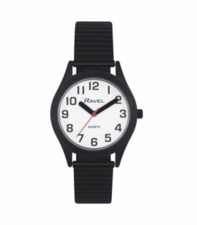 Ravel Mens Basic Bold Easy Read Expander Bracelet Watch White/Black R0225