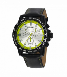 Henley Mens Satin Black Sports Coloured Stitch Multi Eye Watch Lime Green H03015.21