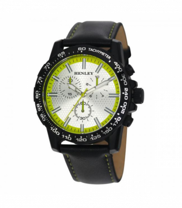 Henley Mens Satin Black Sports Coloured Stitch Multi Eye Watch Lime Green H03015.21