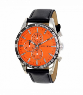 Henley Mens Polished Silver Sports Multi Eye Orange Dial Black Leather Strap Watch H03016.8
