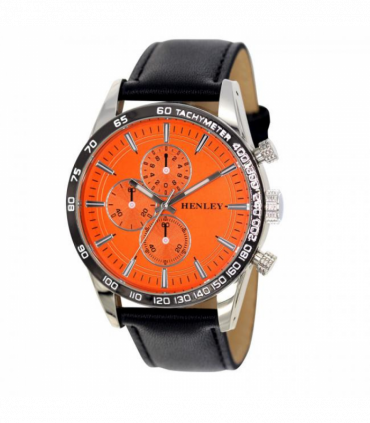 Henley Mens Polished Silver Sports Multi Eye Orange Dial Black Leather Strap Watch H03016.8