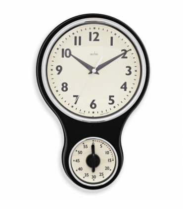 Acctim Kitchen Time 20cm Timer Quartz Retro Style Domed Glass Lens Black Wall Clock 21593