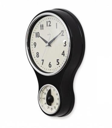 Acctim Kitchen Time 20cm Timer Quartz Retro Style Domed Glass Lens Black Wall Clock 21593