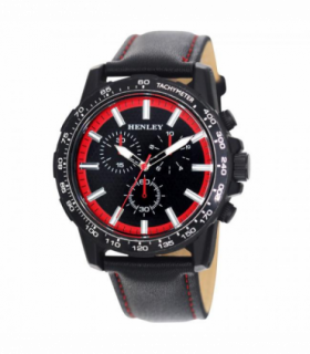 Henley Mens Satin Black Sports Coloured Stitch Multi Eye Watch Black/Red H03015.10