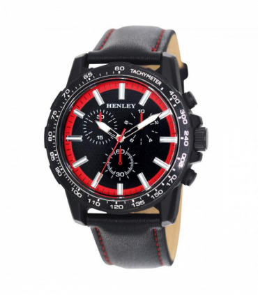 Henley Mens Satin Black Sports Coloured Stitch Multi Eye Watch Black/Red H03015.10