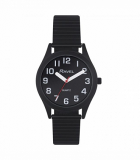 Ravel Mens Basic Bold Easy Read Expander Bracelet Watch Black/Black R0225