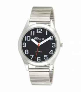 Ravel Mens  Basic Bold Easy Read Expander Bracelet Watch Black/Silver R0225