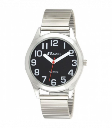 Ravel Mens  Basic Bold Easy Read Expander Bracelet Watch Black/Silver R0225
