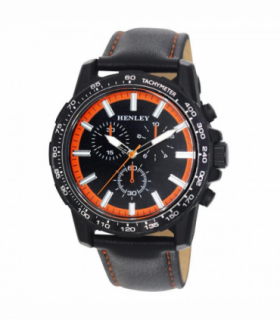 Henley Mens Satin Black Sports Coloured Stitch Multi Eye Watch Black/Orange H03015.8