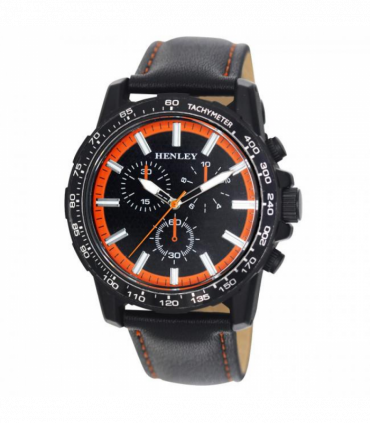 Henley Mens Satin Black Sports Coloured Stitch Multi Eye Watch Black/Orange H03015.8
