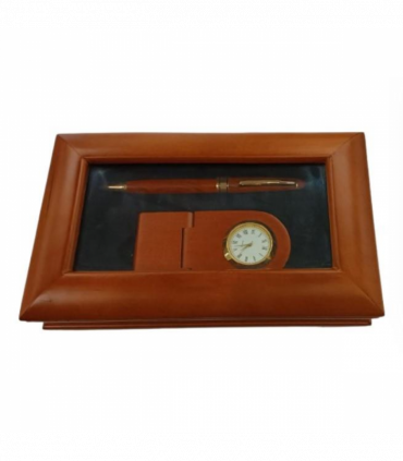 Imperial Desk Clock with Wood Matt Brown Gold Trim Ball Pen IMP69 Clock Gift Set - CLEARANCE NEEDS RE-BATTERY & Refill
