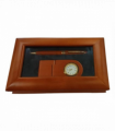 Imperial Desk Clock with Wood Matt Brown Gold Trim Ball Pen IMP69 Clock Gift Set - CLEARANCE NEEDS RE-BATTERY & Refill