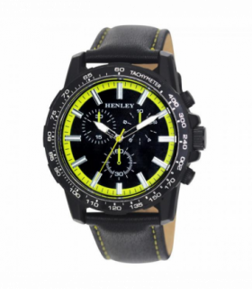 Henley Mens Satin Black Sports Coloured Stitch Multi Eye Watch Black/Lime Green H03015.11