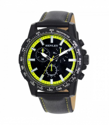 Henley Mens Satin Black Sports Coloured Stitch Multi Eye Watch Black/Lime Green H03015.11