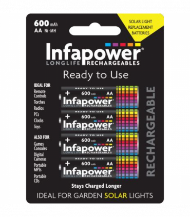 Infapower Rechargeable Batteries AA 600mAh (4pcs) Ni-Mh  (Ideal for Garden Solar lights)