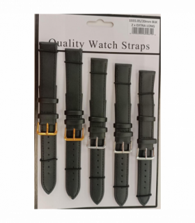 1555.05BK 20MM 2X Extra Long Black Leather Watch Straps Pack of 5