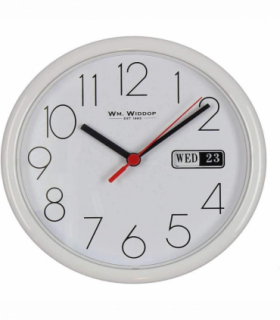 Wm.Widdop Day/Date Wall Clk-White Case/White Dial 8.5"Rnd +B