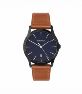 Sekonda Mens Quartz Dated Blue Dial Brown Leather Strap Watch 1514