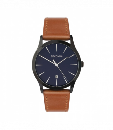 Sekonda Mens Quartz Dated Blue Dial Brown Leather Strap Watch 1514