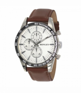 Henley Mens Polished Silver Sports Multi Eye White Dial Brown Leather Strap Watch H03016.2