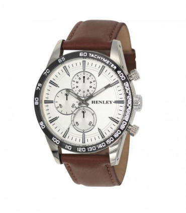 Henley Mens Polished Silver Sports Multi Eye White Dial Brown Leather Strap Watch H03016.2