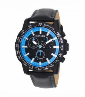 Henley Mens Satin Black Sports Coloured Stitch Multi Eye Watch Black/Blue H03015.6