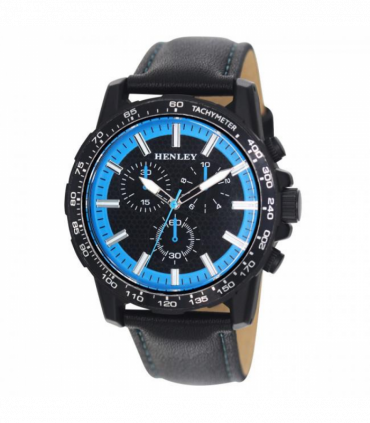 Henley Mens Satin Black Sports Coloured Stitch Multi Eye Watch Black/Blue H03015.6